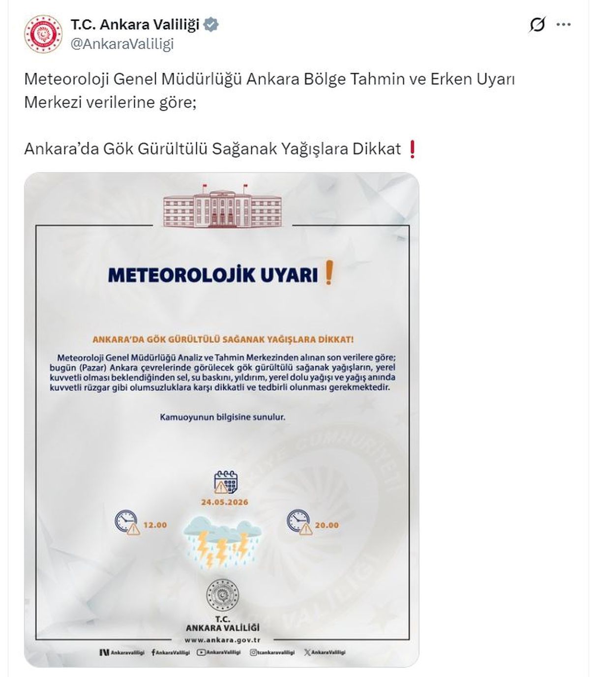 Ankara’da Sağanak Yağış Uyarısı