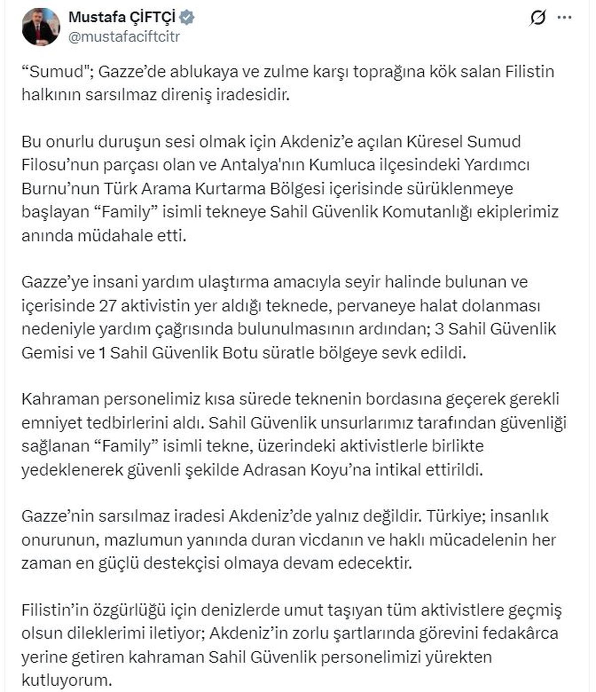 Gazze’ye yardım götüren tekneye Sahil Güvenlik’ten destek