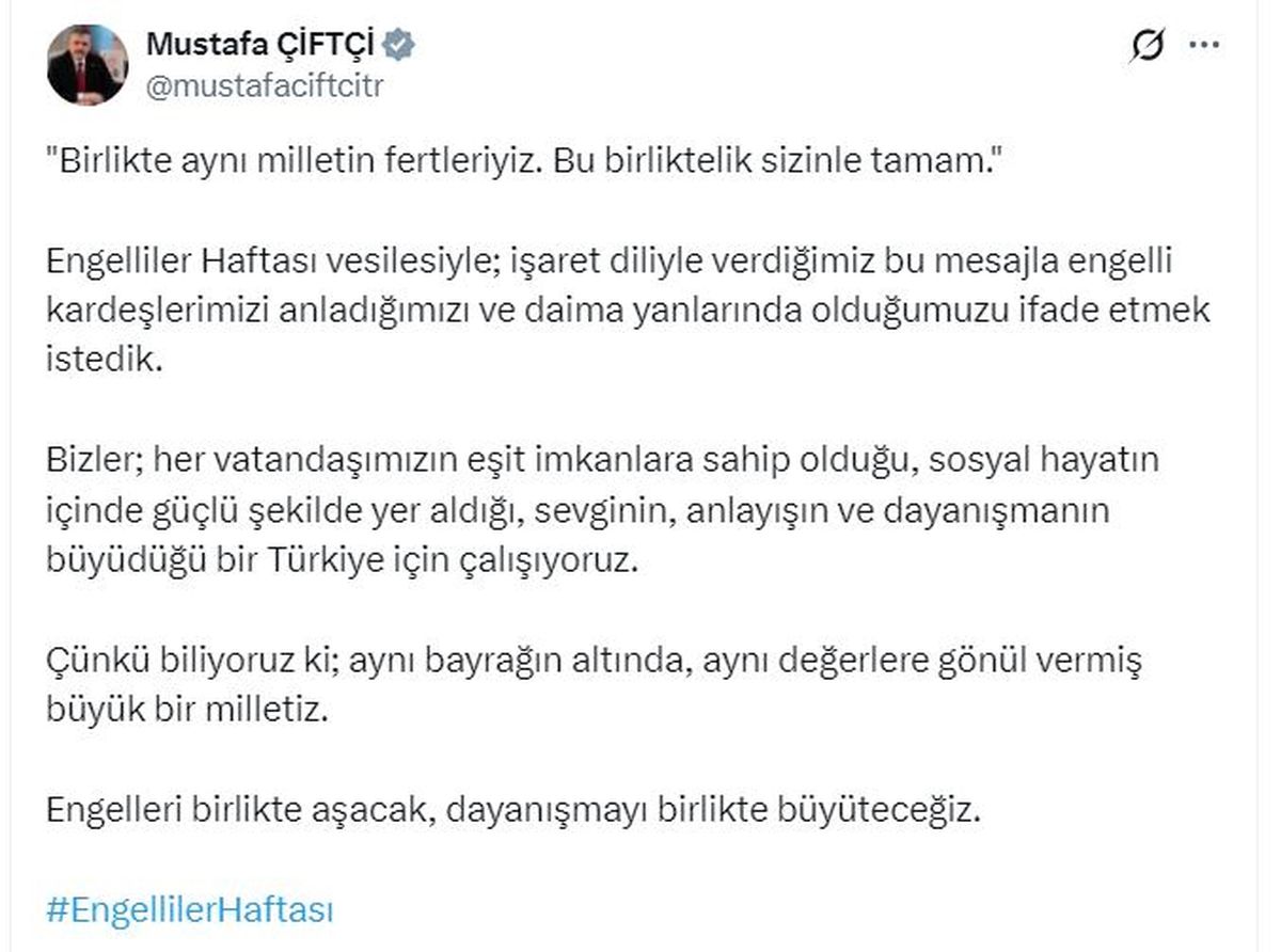 Bakan Çiftçi’den Engelliler Haftası Mesajı