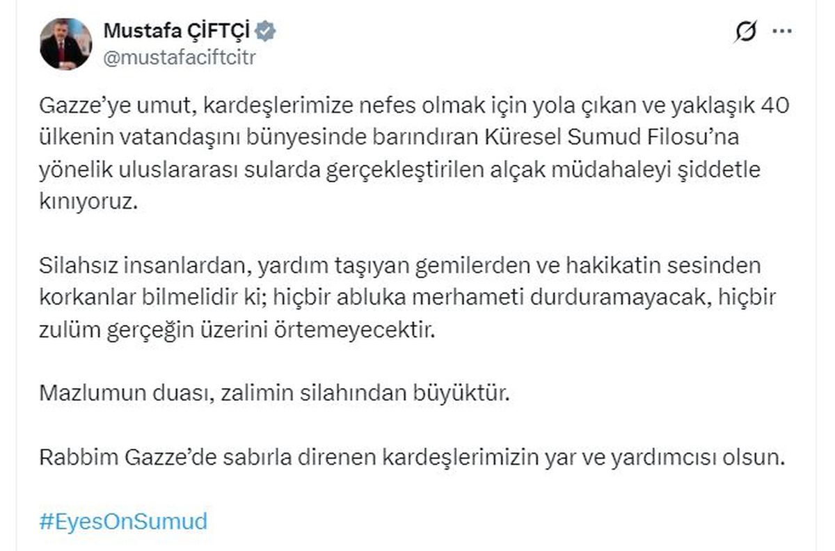 Bakan Çiftçi’den Sumud Filosu’na Destek