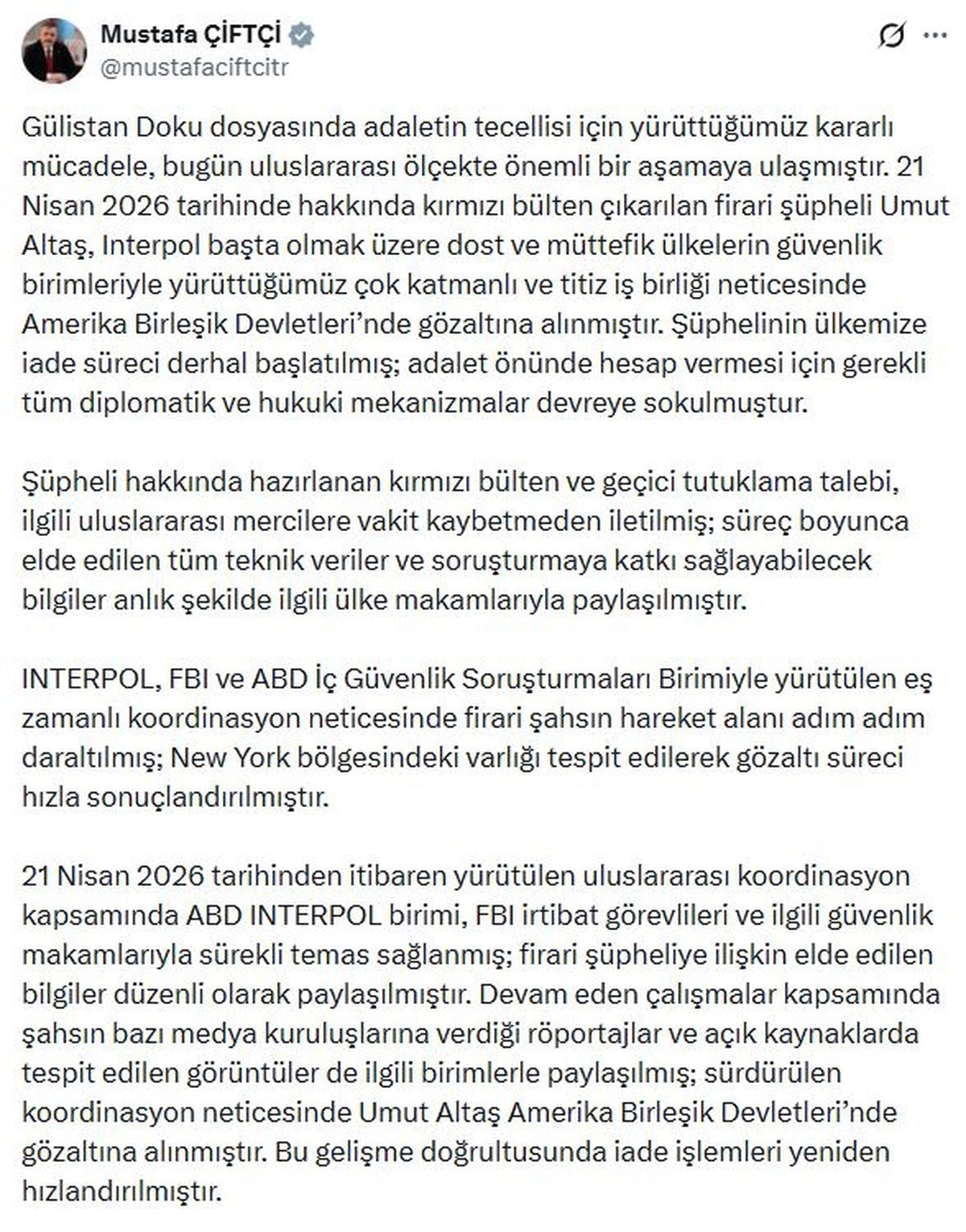 Bakan Çiftçi’den firari Umut Altaş’ın Türkiye’ye iadesine ilişkin açıklama