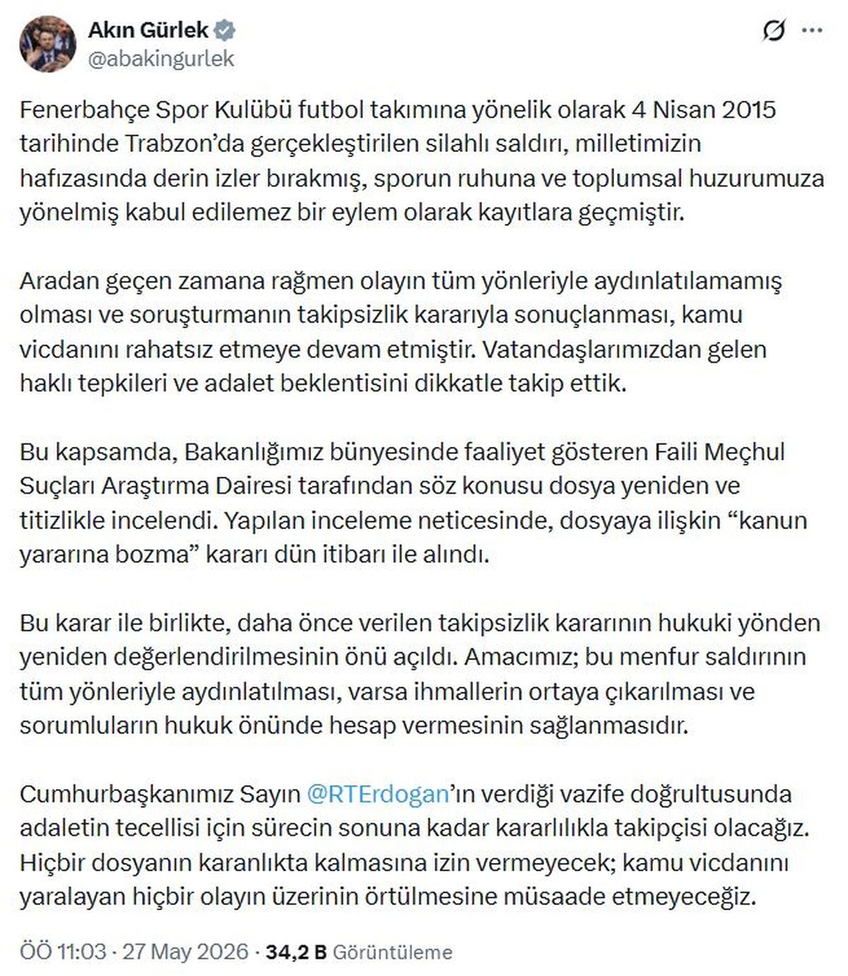 Fenerbahçe’ye silahlı saldırı dosyası yeniden incelenecek