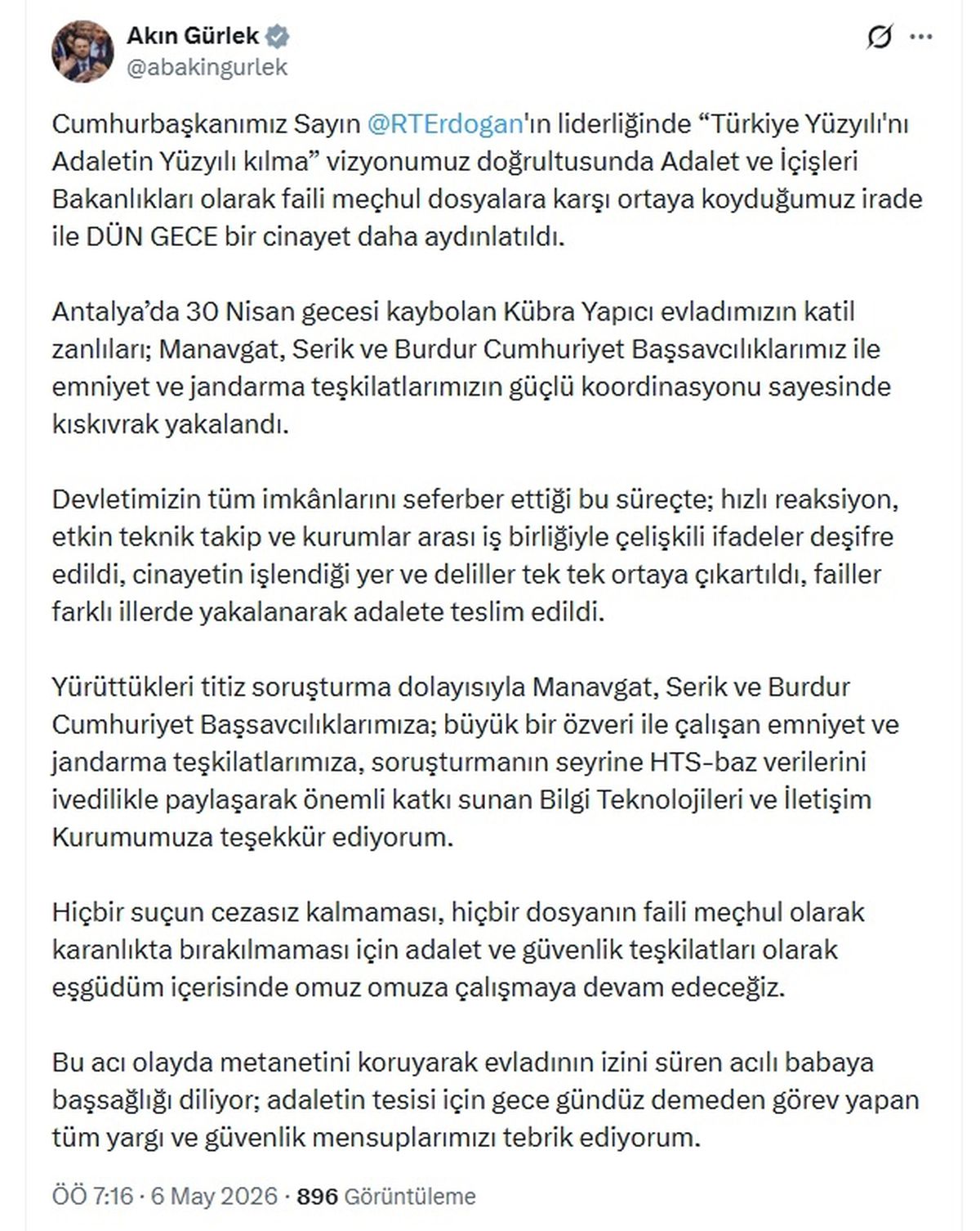 Bakan Gürlek: Kübra Yapıcı’nın katil zanlıları yakalandı