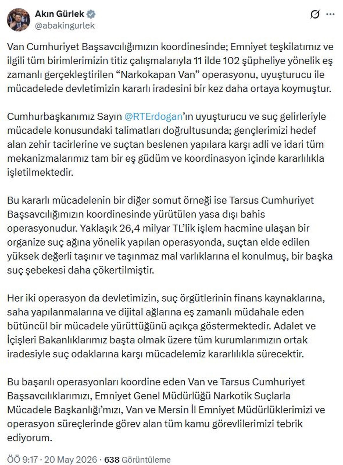 Adalet Bakanı Gürlek: Suç odaklarına karşı mücadelemiz kararlılıkla sürecek
