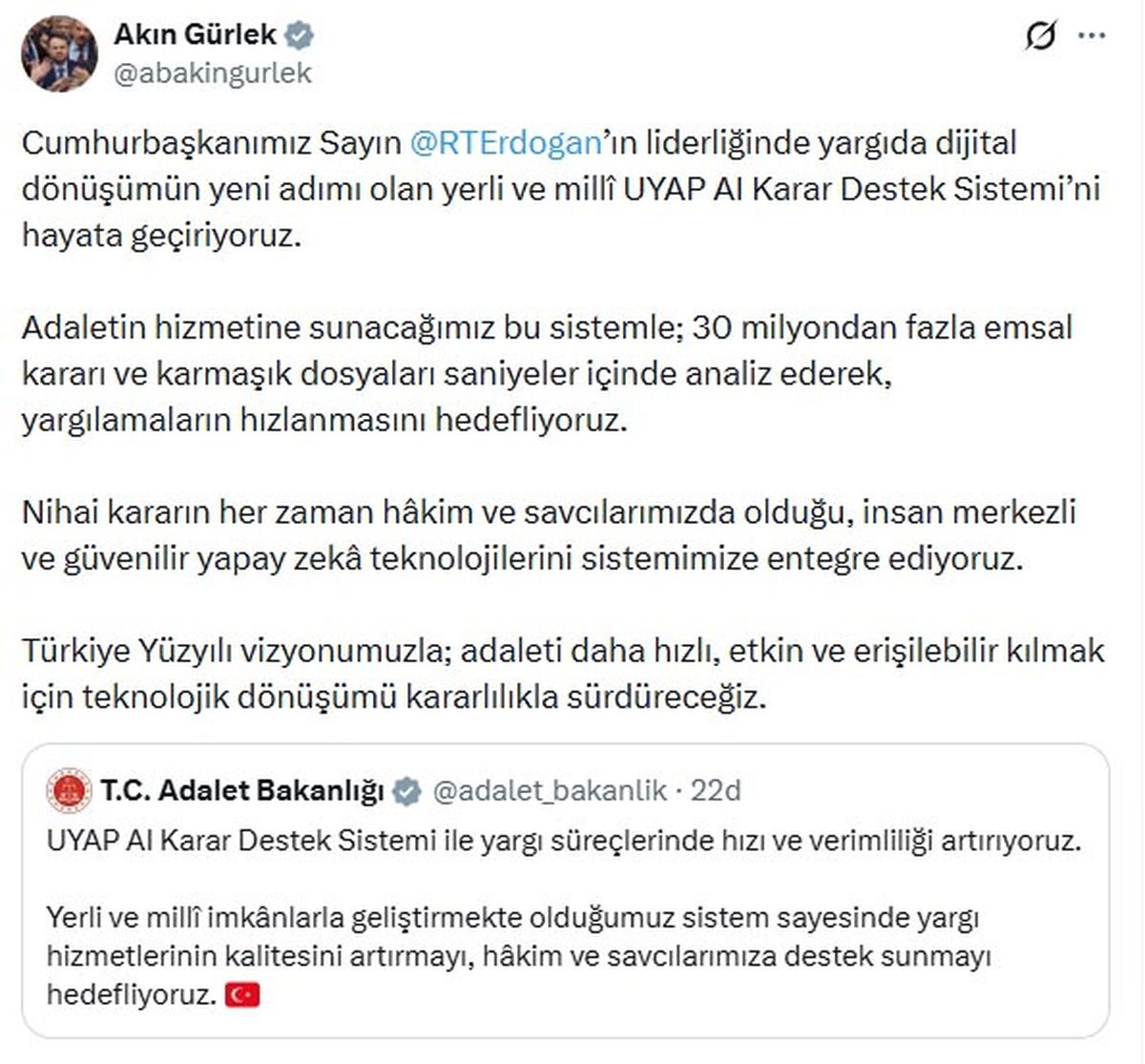 Bakan Gürlek: UYAP Al Karar Destek Sistemi’ni hayata geçiriyoruz