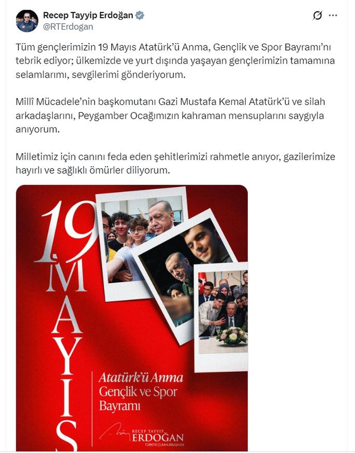 Erdoğan’dan 19 Mayıs mesajı: Gençlerin bayramını kutladı