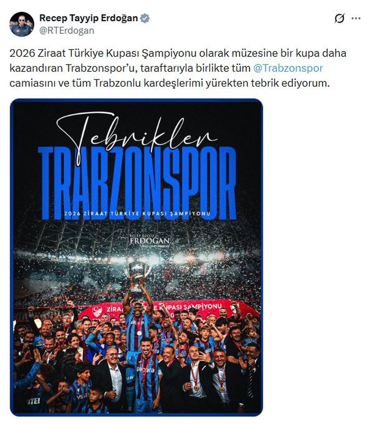 Erdoğan’dan Trabzonspor’a şampiyonluk tebriği