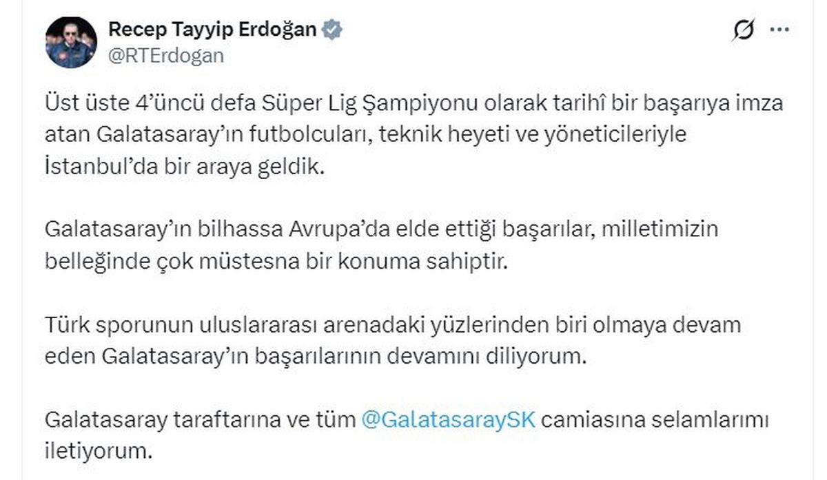 Cumhurbaşkanı Erdoğan’dan Galatasaray’a Övgü: ‘Milletimizin Belleğinde Müstesna Bir Konuma Sahip’