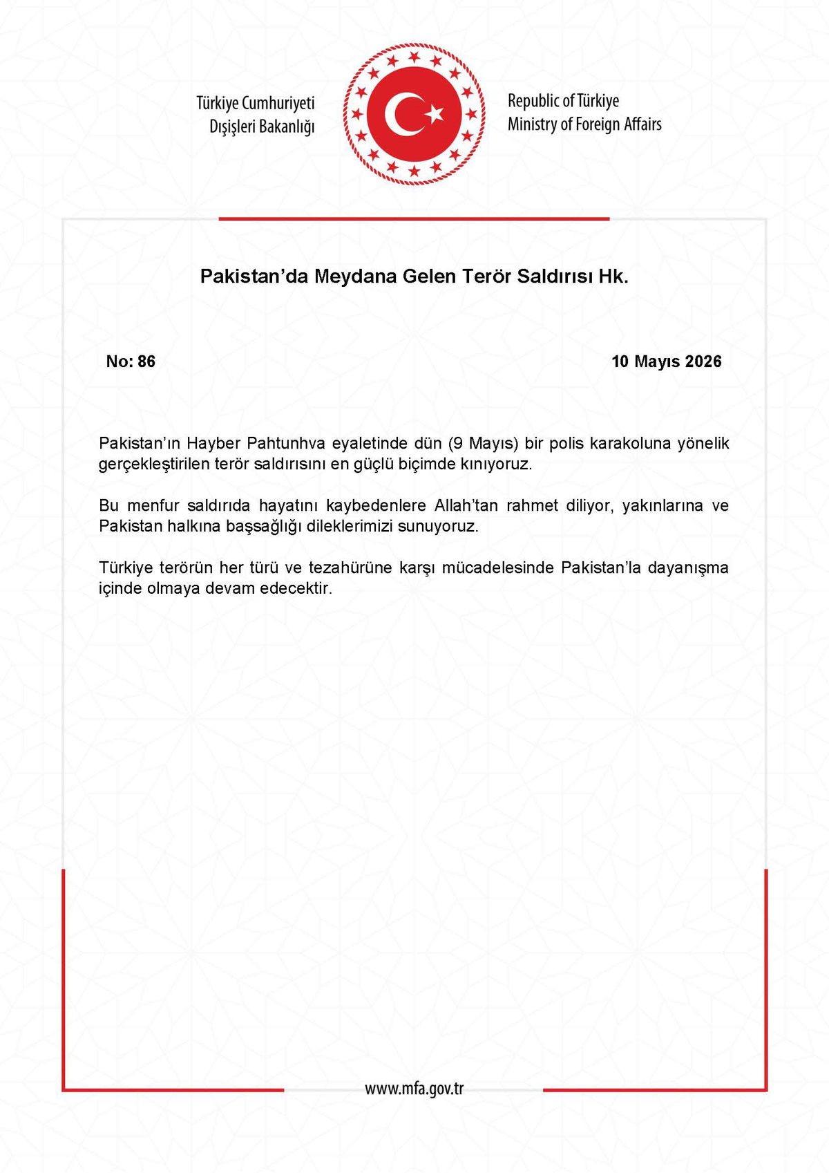 Türkiye’den Pakistan’a Terör Saldırısı Kınaması