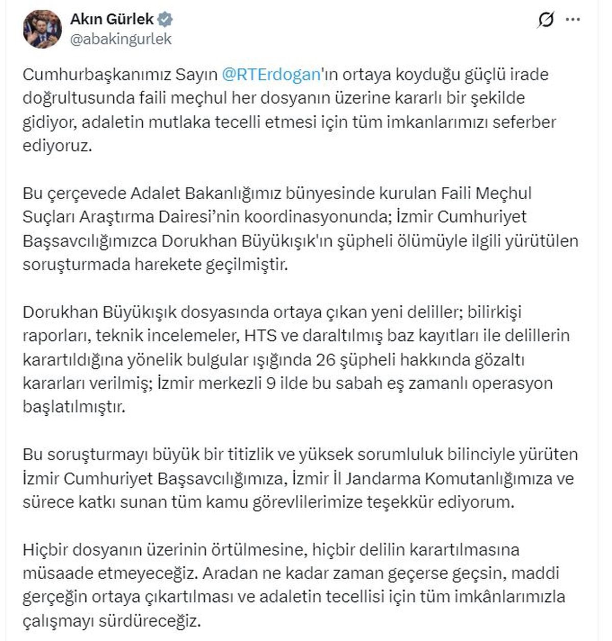 Adalet Bakanı Akın Gürlek: Dorukhan Büyükışık dosyasında 26 şüpheli hakkında gözaltı kararı verildi