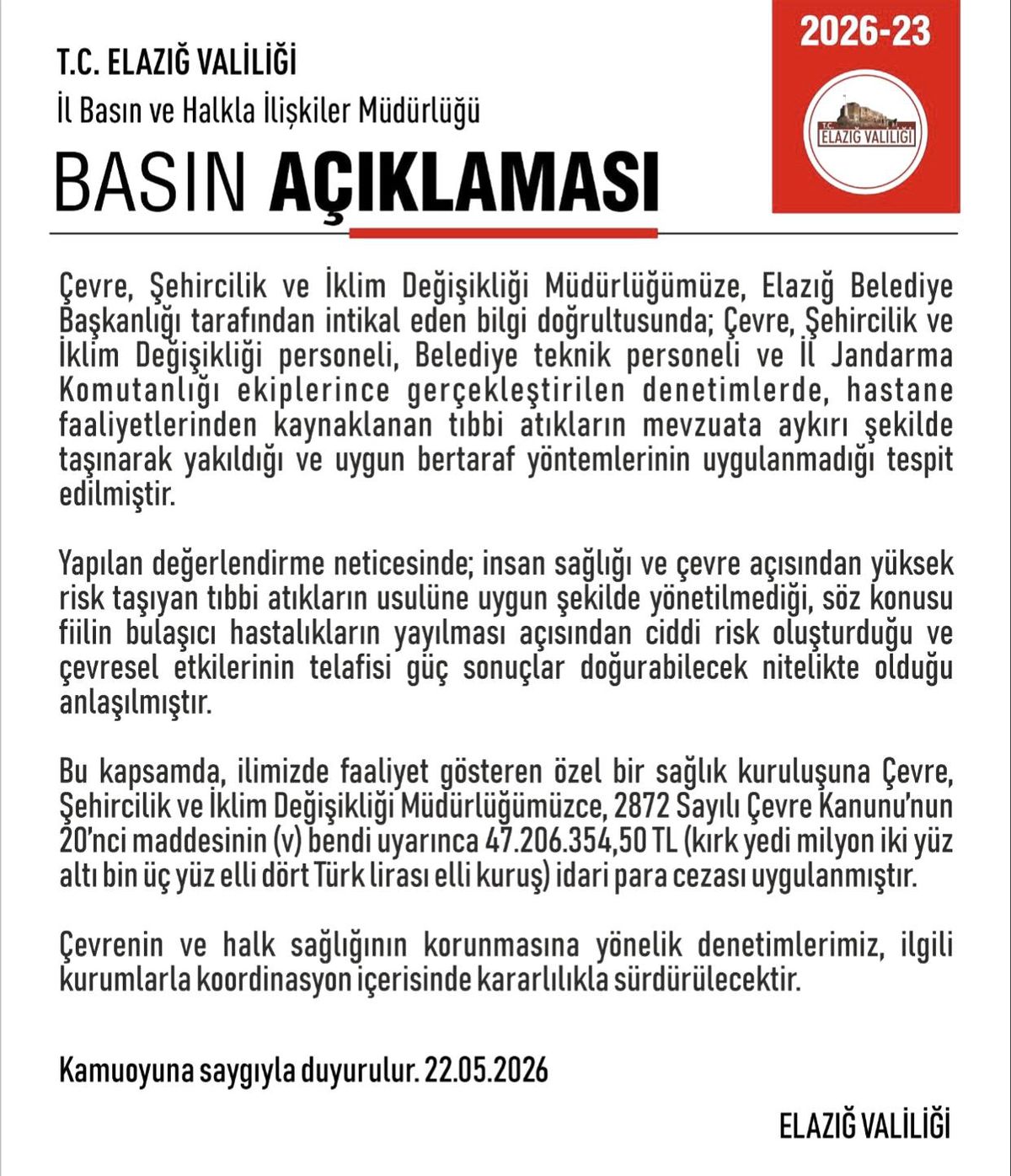 Elazığ’da özel bir hastaneye 47 milyon lira ceza kesildi