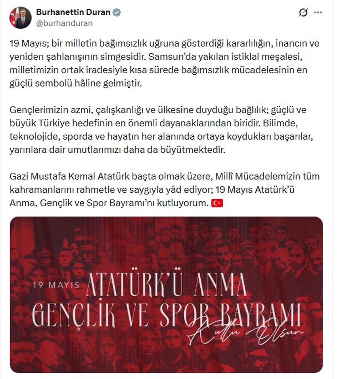 Duran’dan 19 Mayıs Mesajı