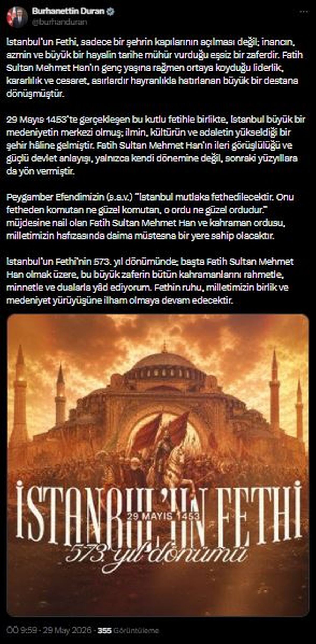 İstanbul’un Fethi 573. Yıl Dönümü