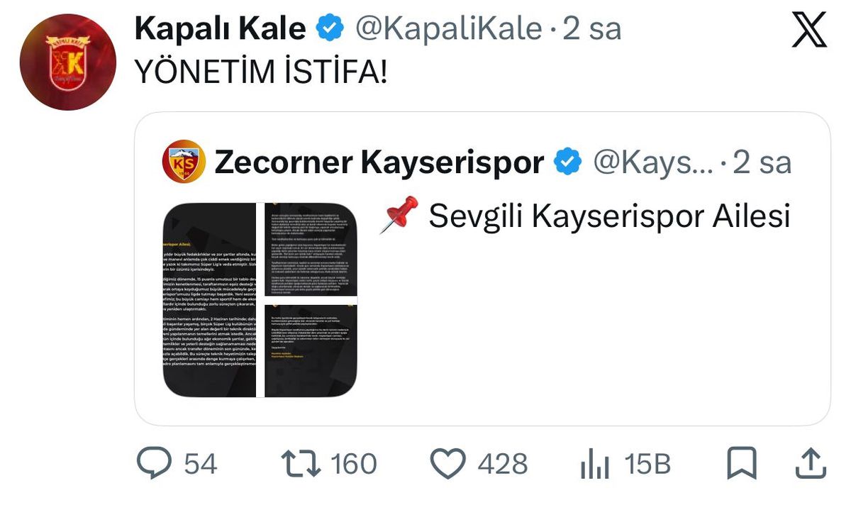 Kayserispor’da Taraftarından İstifa Tepkisi
