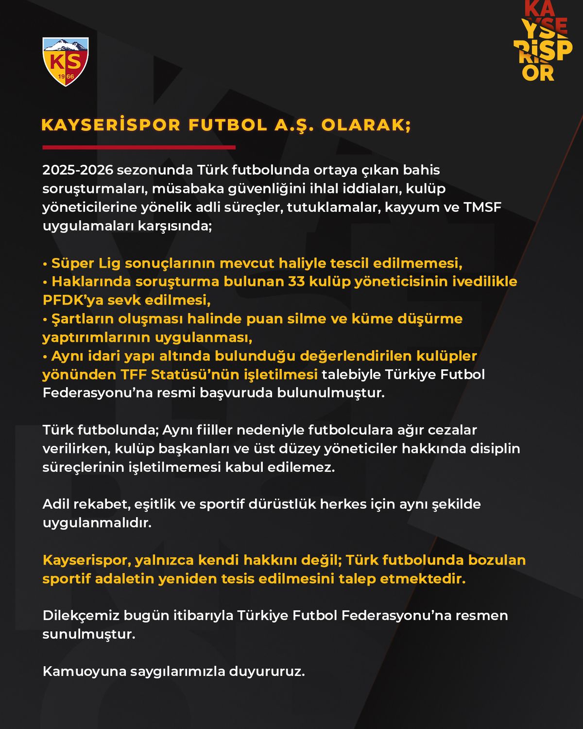 Kayserispor’dan TFF’ye Başvuru