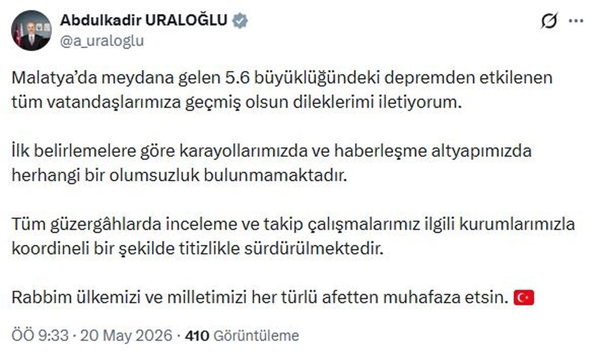 Malatya’da 5.6 Büyüklüğünde Deprem