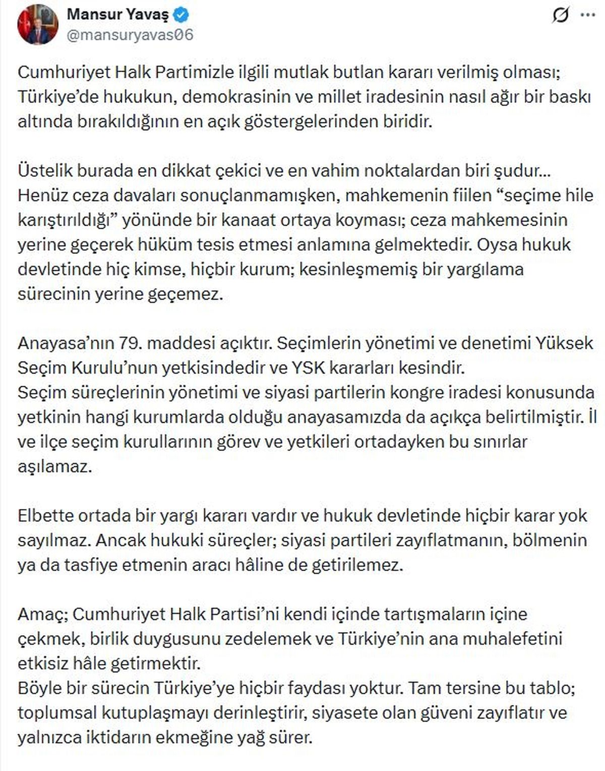 Yavaş’tan CHP’ye Kongre Çağrısı