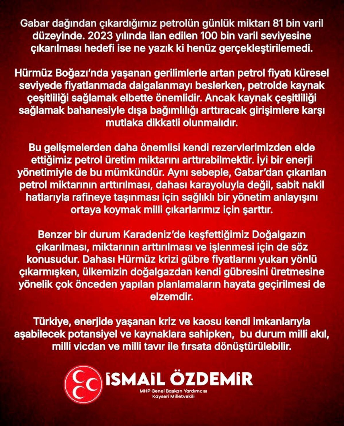MHP’li Özdemir’den Enerji Yönetimi Vurgusu