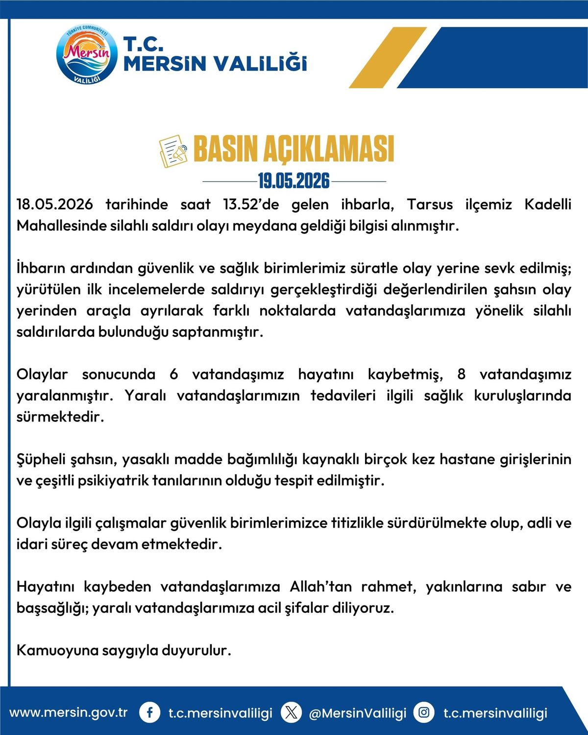 Tarsus’taki Silahlı Saldırıda 6 Ölü, 8 Yaralı