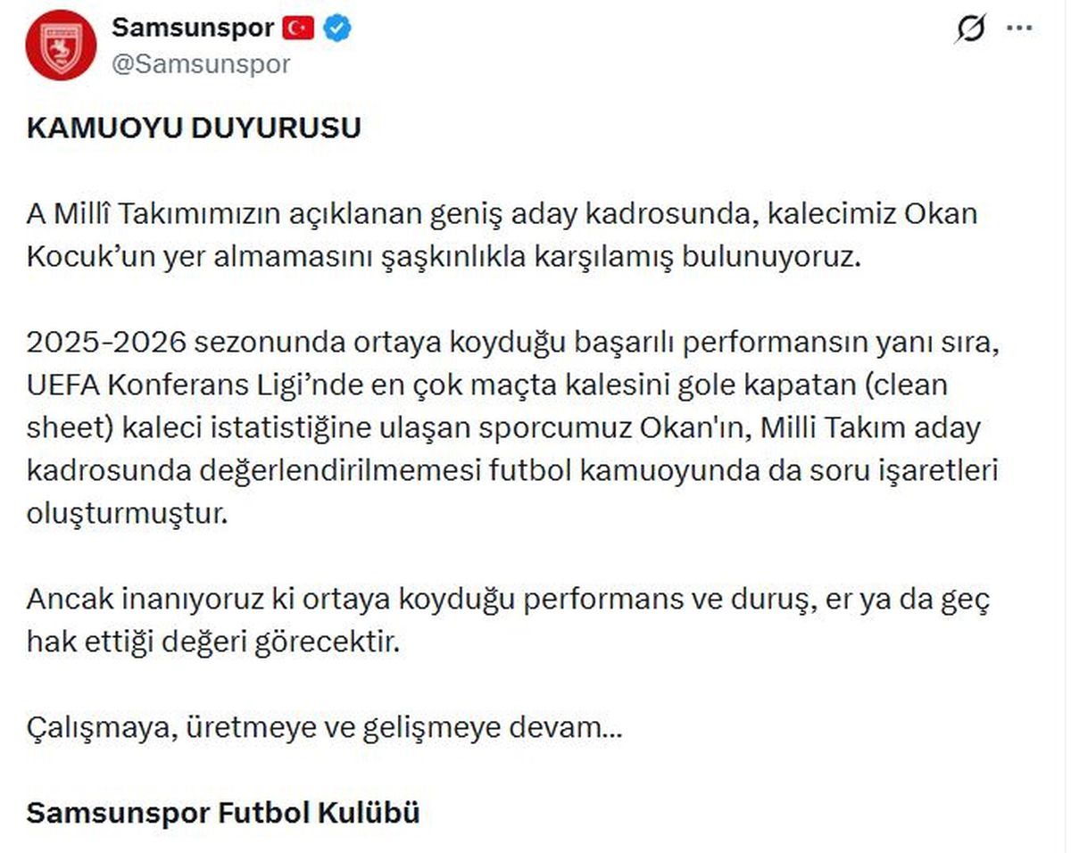 Samsunspor’dan Okan Kocuk’a Destek