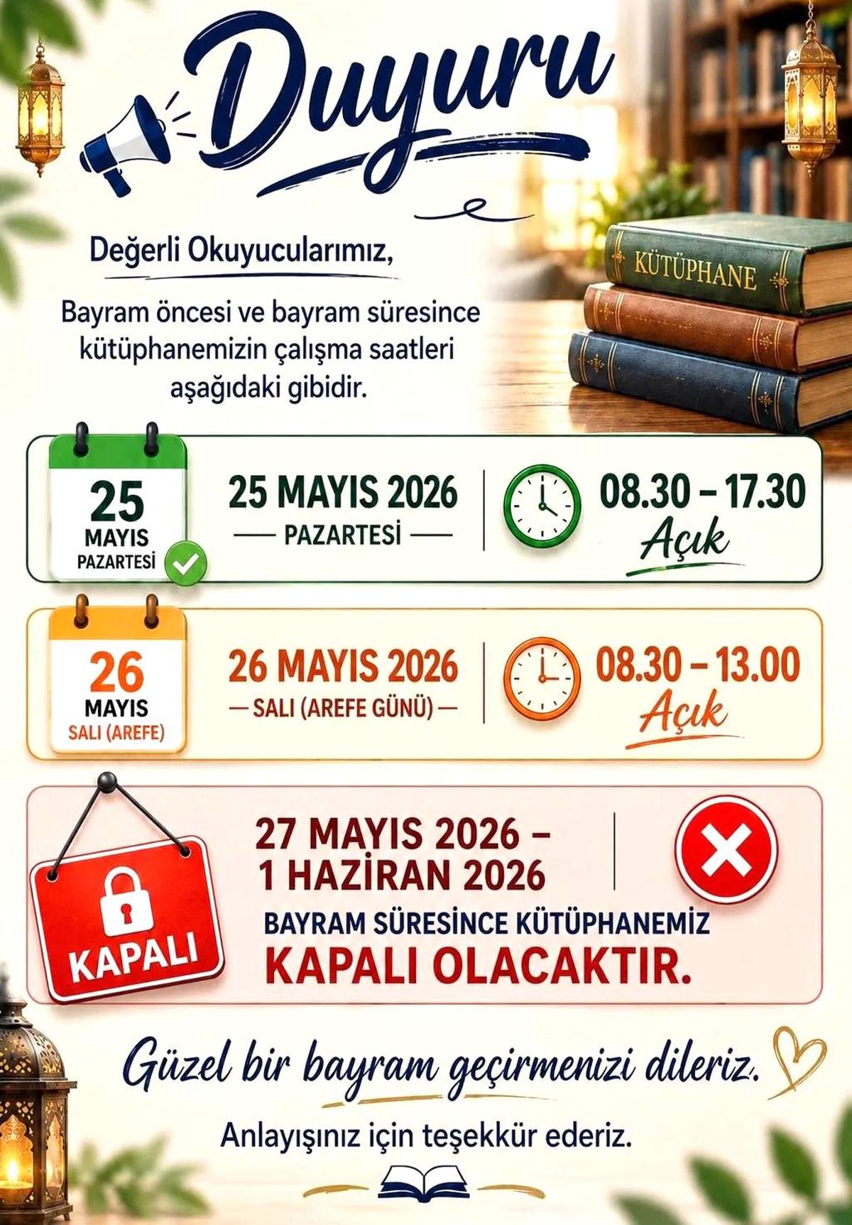 Kütüphanenin Bayram Çalışma Saatleri Açıklandı