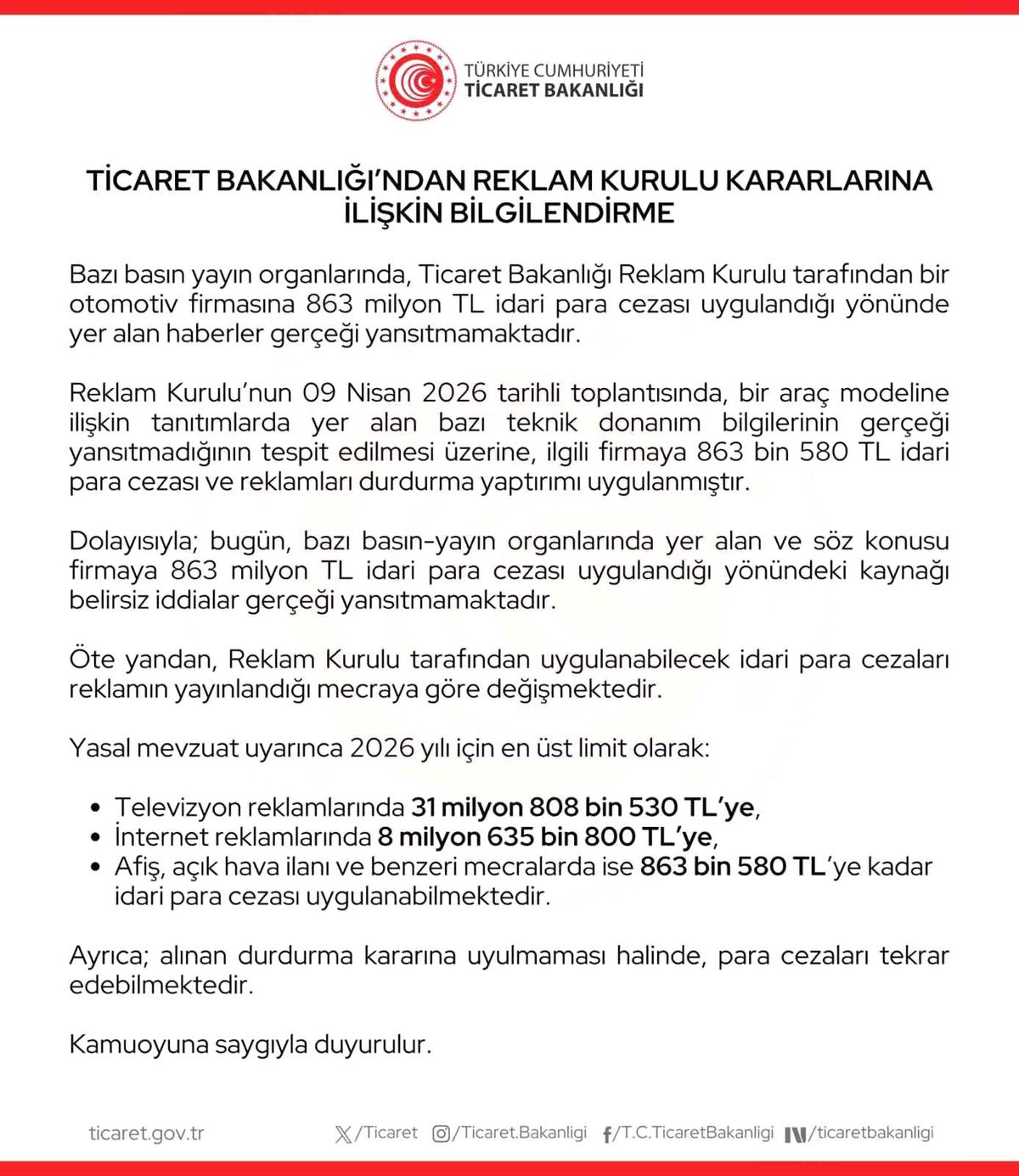 Ticaret Bakanlığı’ndan Ceza Açıklaması
