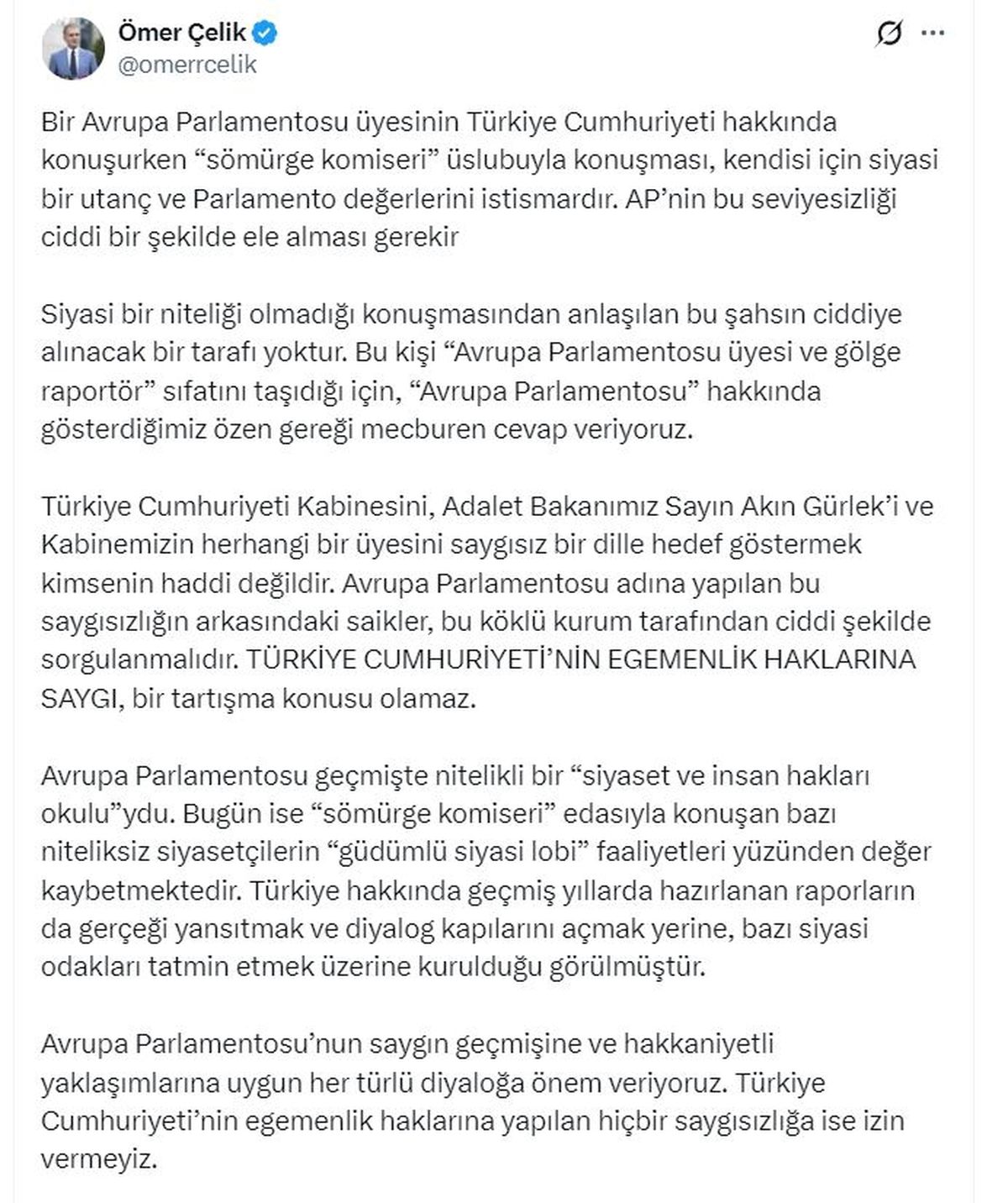 Ömer Çelik’ten Avrupa Parlamentosu’na Sert Yanıt