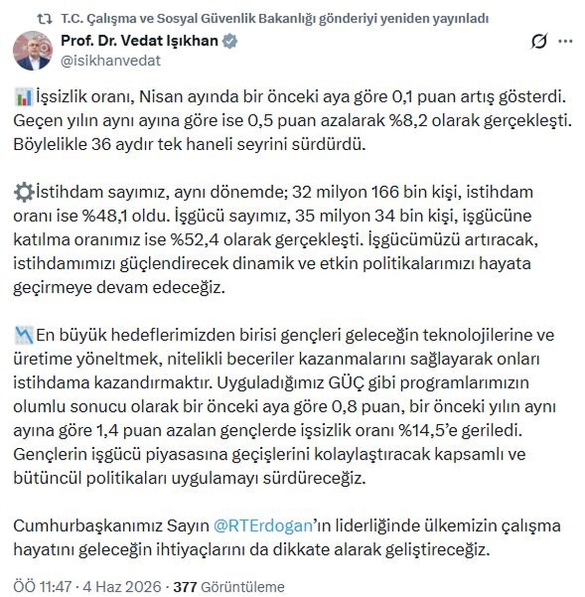 Nisan ayı işsizlik oranı yüzde 8,2