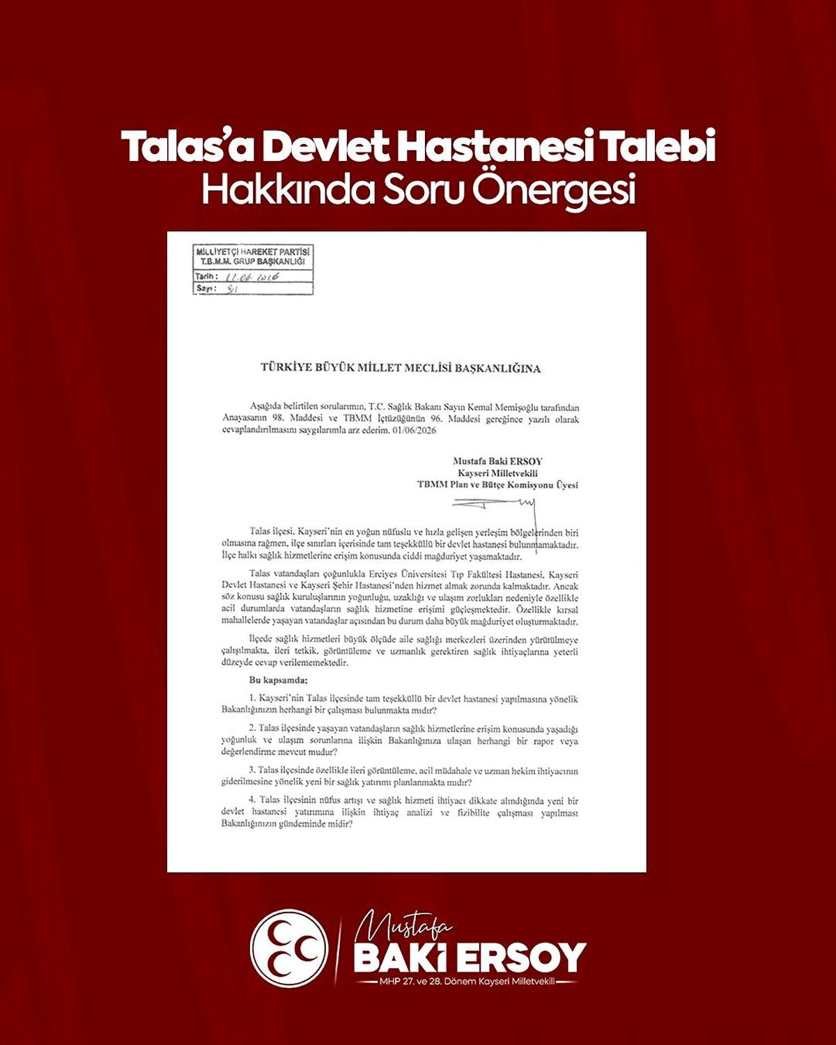 Talas’a Devlet Hastanesi Talebi TBMM’de