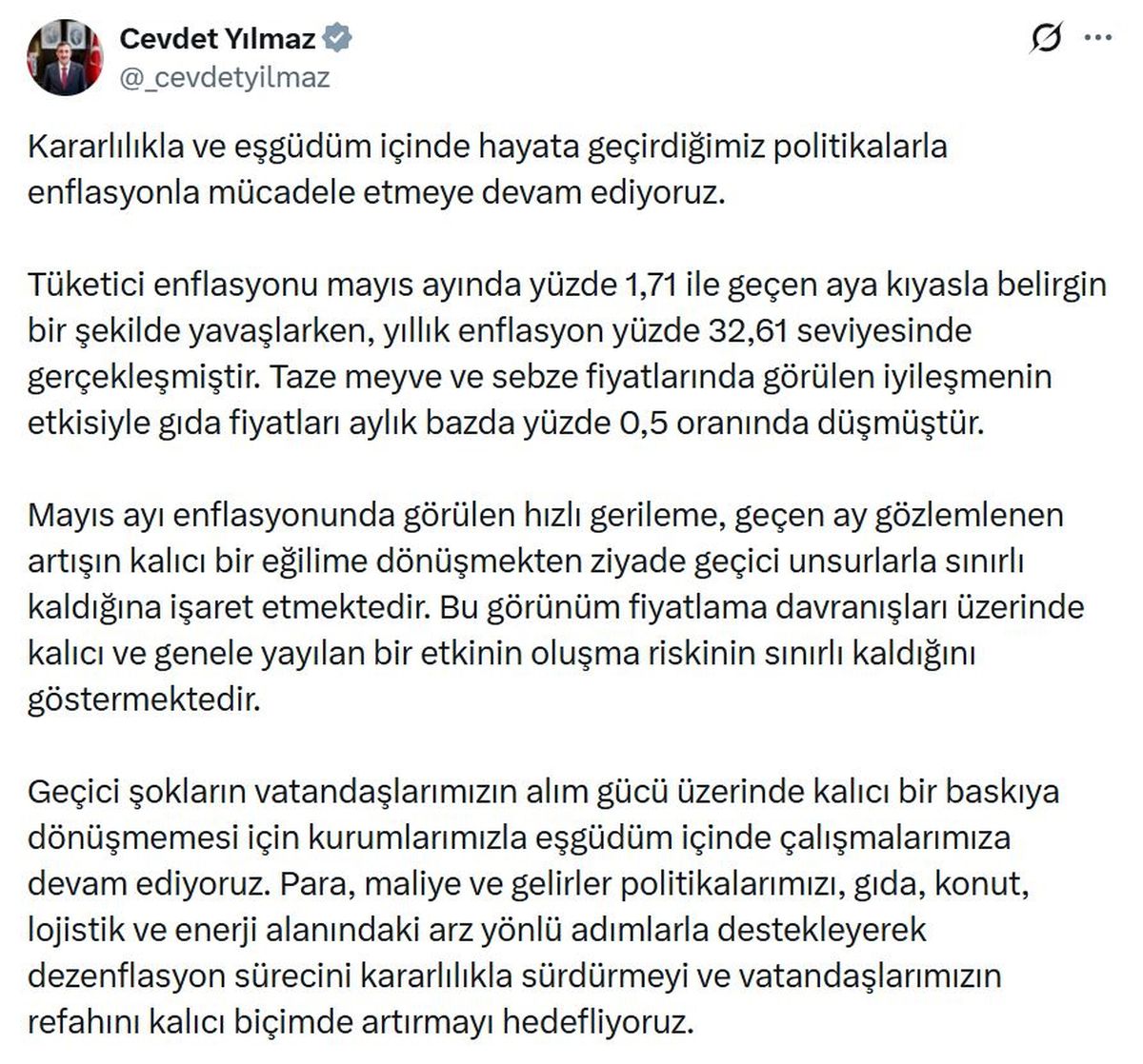 Cevdet Yılmaz: Dezenflasyon kararlılıkla sürdürülecek
