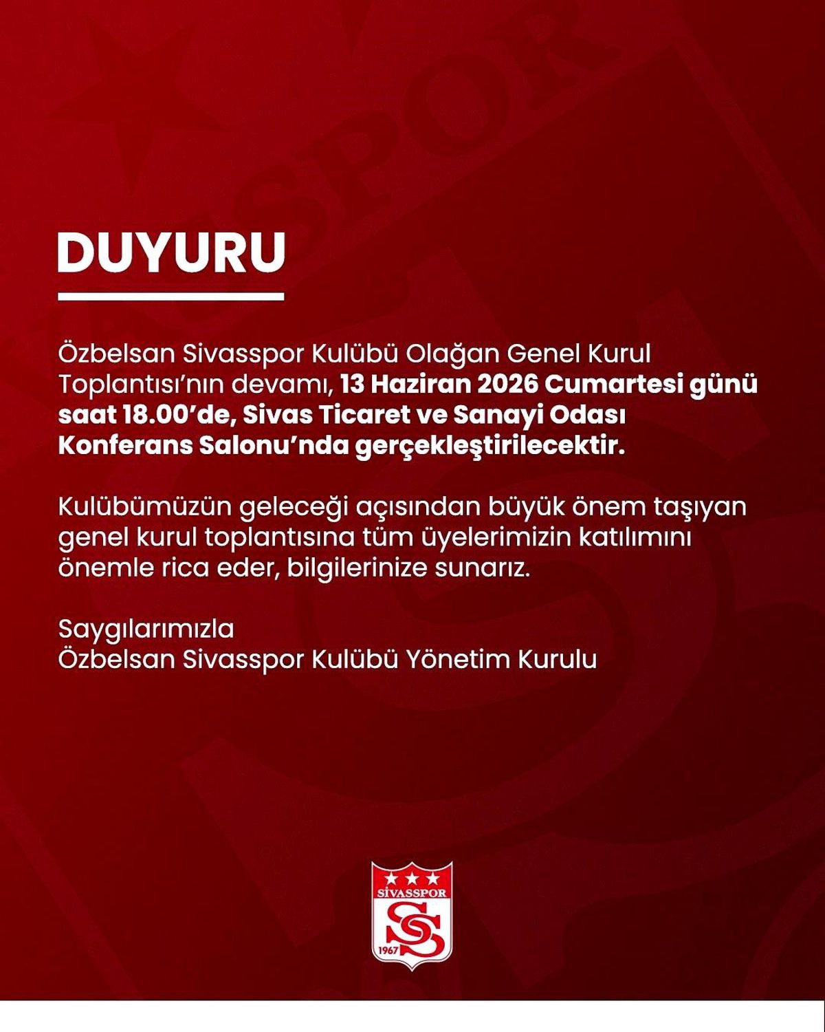Sivasspor Genel Kurulu 13 Haziran’da