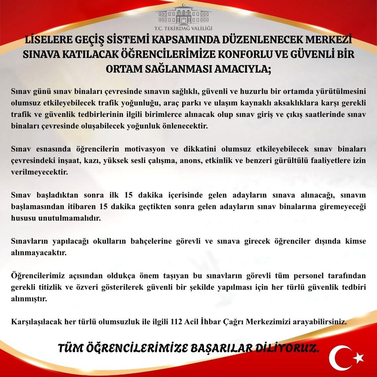 Tekirdağ’da LGS İçin Güvenlik ve Ulaşım Tedbirleri